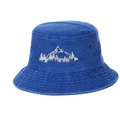 Detail of blue cotton bucket hat featuring white mountain and forest embroidery and eyelets - Adjustable / Sapphire Blue