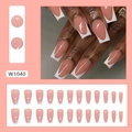 Detail view of 24pcs long coffin press-on nails with nude pink base and white V-shape tips - W1040 Simple French