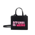 Black leather crossbody tote bag with pink B!TCH#$ IS WEIRD text print and top handles - Black