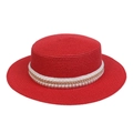 Wide brim red straw hat featuring white pearl and gold chain decorative band accessories - Artificial Pearl Gold Chain Style (299A)