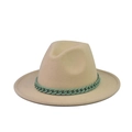 Close-up of beige wool wide brim hat with a stylish green plastic chain decoration - Adult 57-60cm / Beige With Green Chain (03)