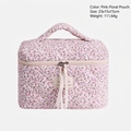Borsa da trucco rosa trapuntata a cilindro con motivi floreali e nastri sulle cerniere - Borsa a barile / Rosa