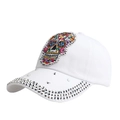 White baseball cap with colorful sugar skull embroidery and sparkling silver rhinestones - Adjustable / White