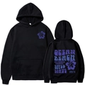 Felpa con cappuccio nera in cotone con stampa ibisco viola e grafica Ocean Beach - S / Nero (Stampa Viola)