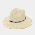 Cappello da sole in paglia stile bohémien a tesa larga con perline turchesi e frange - Taglia unica / Beige