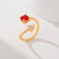 Adjustable gold plated leaf ring featuring a red gemstone and white zircon cluster accents - Red Stone Combination (JZ024)
