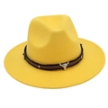 Detail of yellow wool fedora hat featuring a vintage bull head buckle on a leather band - Yellow
