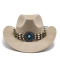 Détail d'un chapeau de cowboy en daim avec perles turquoise et ruban ethnique - M (56-59cm) / Chameau (Daim)