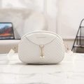 White shell bag with V-shaped quilting, pearl charms and gold chain strap in a variant view - White