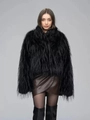 Detailed close-up of thick black faux fur coat texture with plush long-haired finish - S / Black
