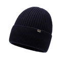 Men's navy blue ribbed knit beanie hat with thermal lining and metal logo plate - Navy Blue