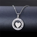 Silver hollow round necklace for women with heart center and pavé crystal rhinestones - NZ2 Polished Heart