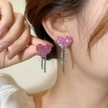 Sparkling pixel art heart earrings with colorful gradient rhinestones and long tassels - Rose Red Gradient Green Tassel (DTE1216380RO-G)