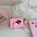 Pink floral quilted card holder with black cat pattern and cupcake charm detail - Black Pink Trendy Cat Small Card Holder + Cupcake Charm