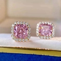 Luxury pink square crystal stud earrings with halo diamonds in gold-plated setting - Earrings / Pink