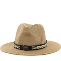 Classic Panama straw hat with wide brim, black decorative band and vintage bull head logo - M (56-58cm) / Khaki