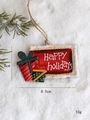 Vintage red metal gift box Christmas tree ornament with green bow and rope hanger - Horizontal Gift Box Style (C款)