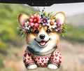Cute Corgi acrylic car hanging ornament with floral wreath and heart pattern sweater - 36-Sweater Corgi