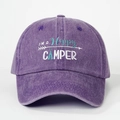 Detailed embroidery of I'M A HAPPY CAMPER text on purple washed denim baseball cap - One Size / Purple