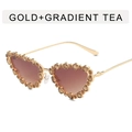 Luxury gold heart-shaped sunglasses with gradient tea lenses and rhinestone edges - Full Pave Heart / Gold Frame Double Tea