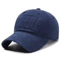 Distressed dark blue baseball cap with RUFFELLE 3D embroidery and frayed brim details - Adjustable / Navy Blue
