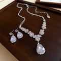 Silver geometric necklace and teardrop earrings set with cubic zirconia stones - Large Water Drop Main Stone Gorgeous Set / Silver