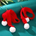 Christmas knit scarf earrings with red wool fabric and white plush pom poms - Long Red Scarf
