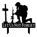 Detail of metal soldier silhouette garden stake with Let Us Not Forget base text - LET US NOT FORGET Style (D) / Black