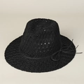 Detail of hollow-out straw texture and rope bow decoration on black sun hat - M(56-58cm) / Black