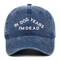 Détail de la broderie blanche sur une casquette de baseball en jean bleu marine délavé - Taille unique / Bleu Marine