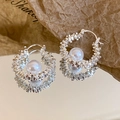 French vintage silver needle earrings with twist texture and white pearl center - Pearl Silver Ear Buckle (59#)