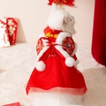 Red festive dog Tang suit with golden buttons and white fur trim for lunar new year - S / Palace Tang Dress