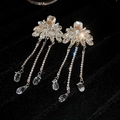 Detalle de pendientes de flor con cristales y borlas sobre bandeja de terciopelo negro - Pendientes de Borla de Flor Plateada Con Pin S925