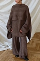 Detail of dark brown knit two-piece set featuring soft wool texture and a relaxed V-neck cut - S / Caramel color