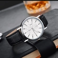 Macro view of Geneva men's quartz watch with white dial and black leather strap - White Dial Black Strap Three-Eye Style