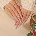 Long press-on nails in nude pink with white glitter snowflake patterns for winter - Nude Pink White Glitter Snowflake (JP1903)