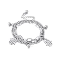 Silver double-layer stainless steel bracelet with Hamsa Hand charms and metallic beads - Steel Color Cuban and Paperclip Double Layer Style (KB148888-Z)