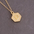 Gedetailleerde macro-opname van een gouden zeshoekige hanger met reliëfletter D aan ketting - Letter D (4#D)