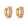 Macro detail of gold-plated hoop earrings with oval pink zircon stones and symmetric design - Pink