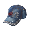 Detailed view of denim baseball cap with LOVE rhinestone lettering and metal studs - Retro Blue (LOVE Rhinestone)