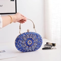 Navy blue crystal evening clutch bag with floral rhinestone pattern and gold handle - Blue