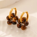 Golden hoop earrings with brown tiger eye beads in a polished minimalist style - 18K Gold Plated Brown Tiger Eye Earrings (6771)