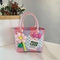 Pink and blue woven picnic tote bag with 3D flower and polka dot bow decoration - Sunflower Bow Decoration / Blue and Pink Mixed