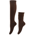 Detail view of brown slouch socks in stretched and stacked styles with cable knit texture - Coffee