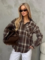 Women vintage brown plaid long sleeve shirt jacket with pocket design and loose fit - S / Coffee