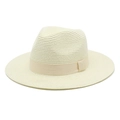 Detailed weave of cream straw Panama hat with matching satin ribbon and top indent - M (56-58cm) / Cream