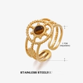 Adjustable golden stainless steel ring with round tiger eye stone and gear motif - Tiger Eye Style (ZN009-1)