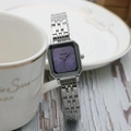 Elegant square silver watch with purple Roman numeral dial and steel strap - Purple