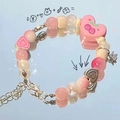 Cute pink and yellow ceramic bead bracelet with sweet cherry and silver heart pendants - Heart Cherry - Pink