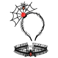Detail of Halloween spider web headband and lace choker set with red rose and spider pendant - 14# Large Red Gem Set